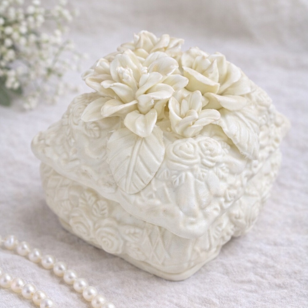 Albert Price Bisque Porcelain Rose Trinket Box • Square Jewelry Keepsake 4x4